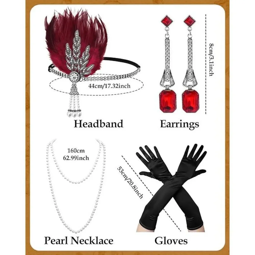 ❤️✨ 4PCS 1920s Red Accessories Flapper Great Gatsby Retro Costume Set NEW